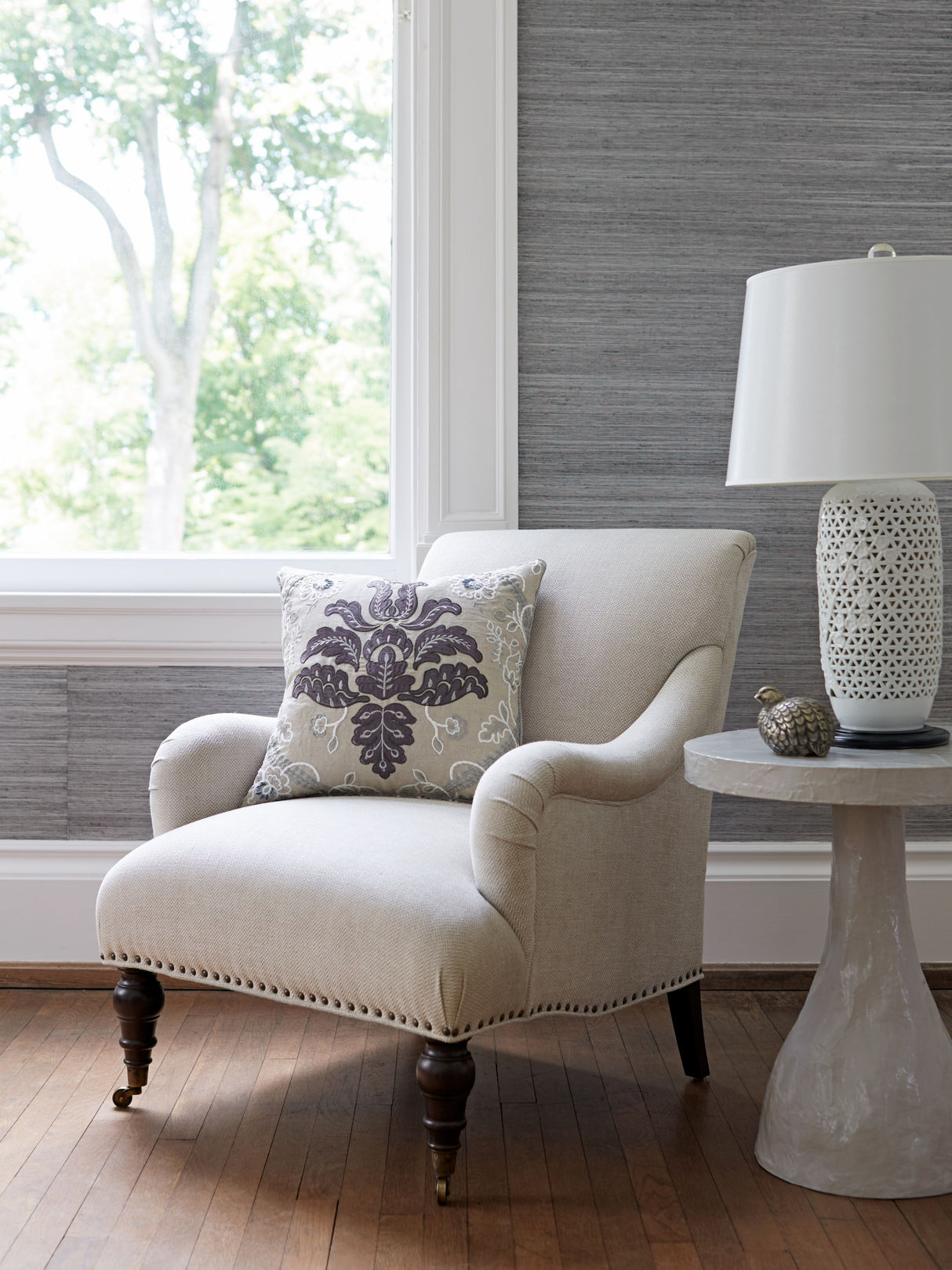Scalamandre SC 000327033 GRAPHITE ISABELLA EMBROIDERY Fabric - Eade's Wallpaper