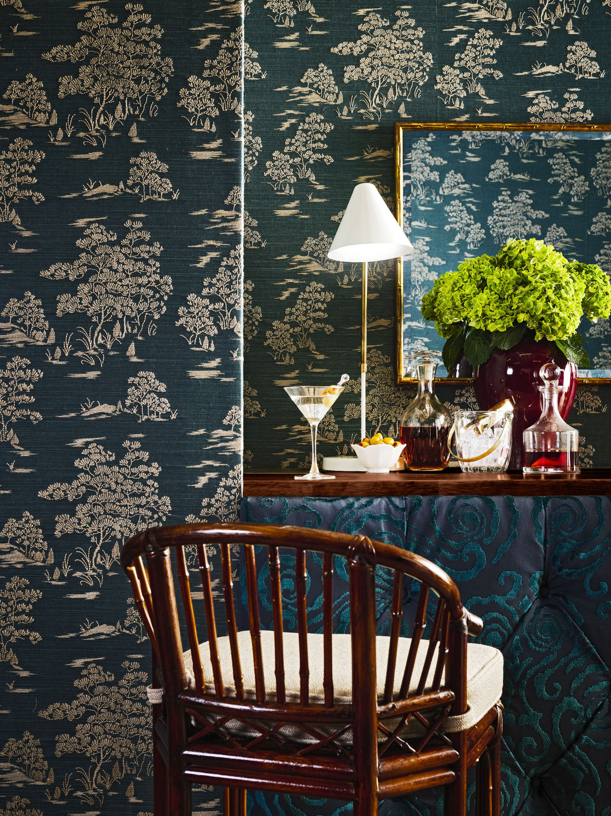 Scalamandre SC 0004WP88445 PEACOCK KATSURA EMBROIDERED TOILE WALLPAPER - Eade's Wallpaper