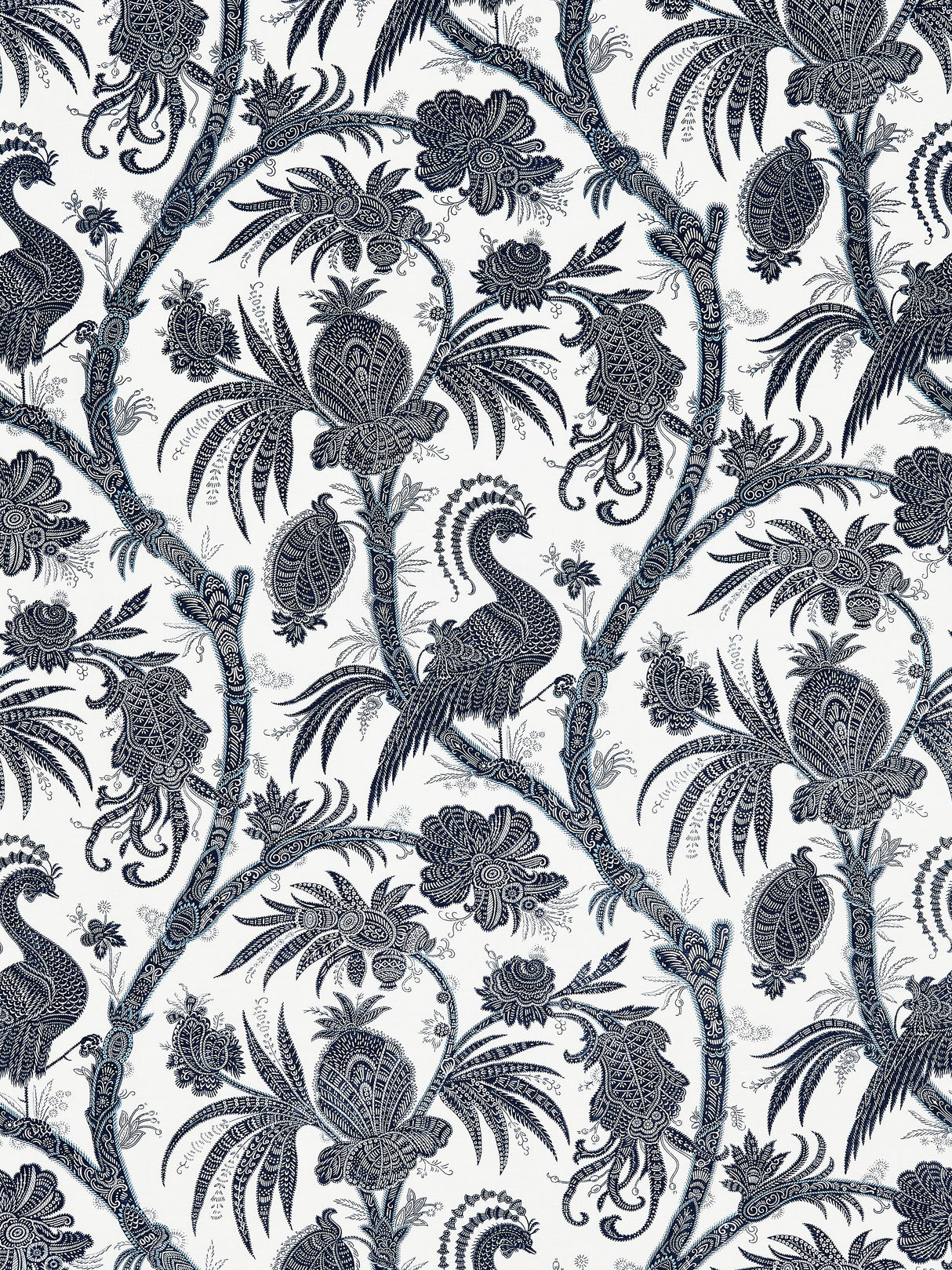 Scalamandre SC 000516575 INDIGO BALINESE PEACOCK LINEN PRINT Fabric - Eade's Wallpaper