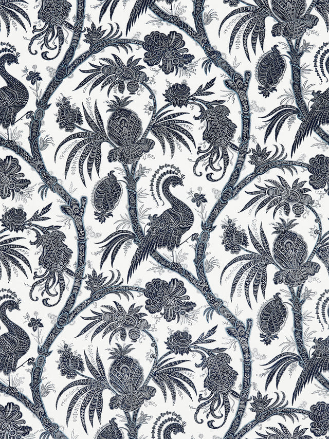 Scalamandre SC 000516575 INDIGO BALINESE PEACOCK LINEN PRINT Fabric - Eade's Wallpaper
