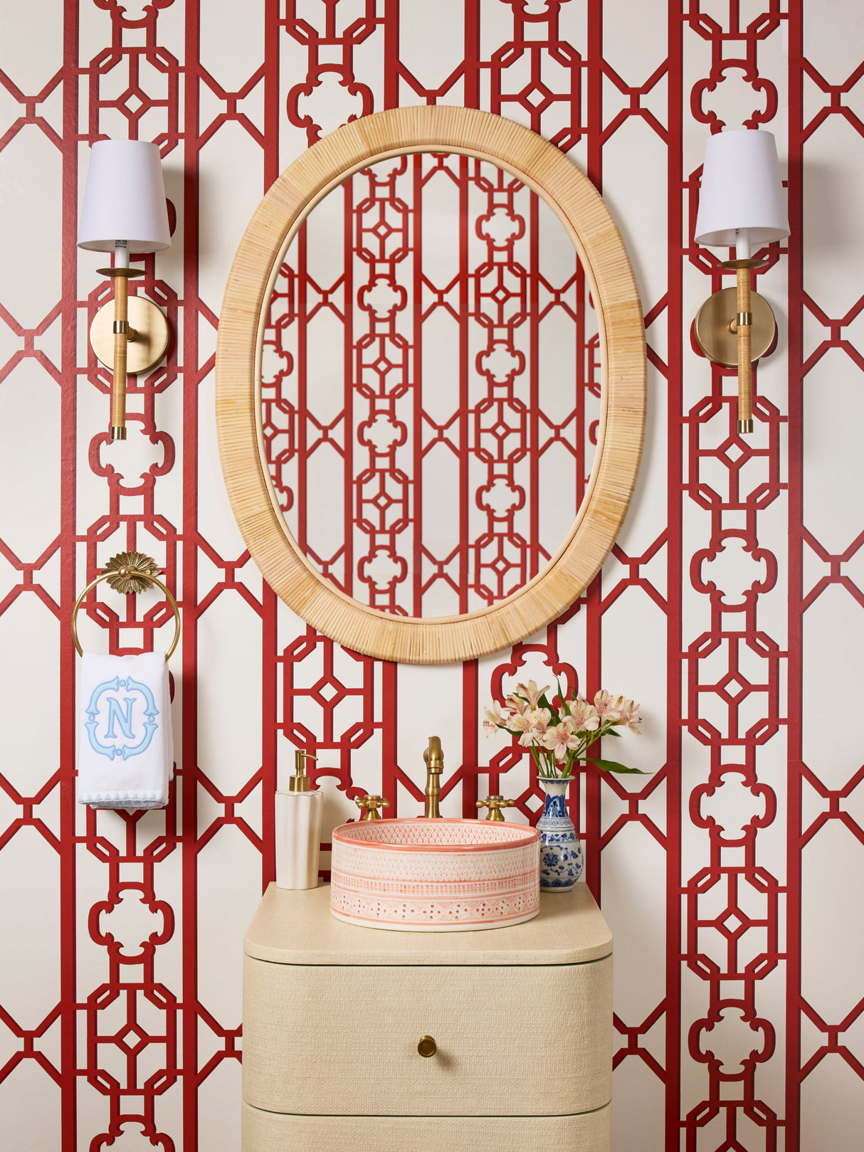 Scalamandre SC 0006WP88582D LACQUER RED JOANNA FRET WALLPAPER - Eade's Wallpaper