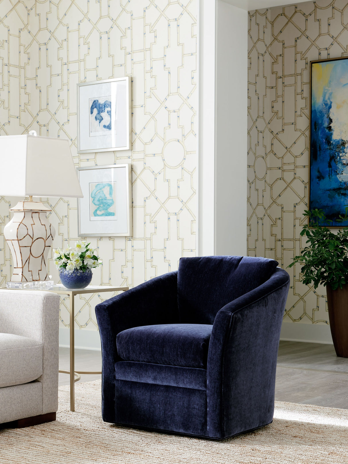 Scalamandre SC 0007WP81630 LINEN & BLUE ON ECRU BALDWIN BAMBOO WALLPAPER - Eade's Wallpaper