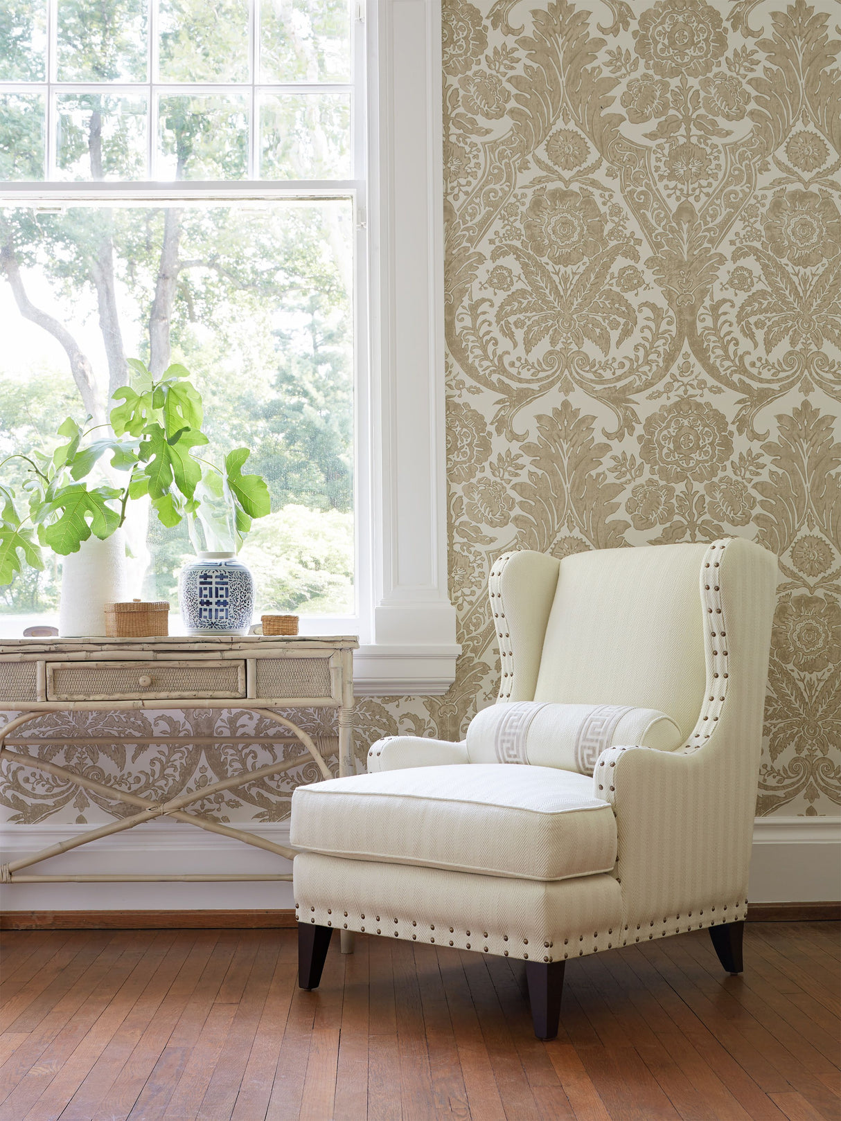 Scalamandre SC 0004WP88354 GRAPHITE LUCIANA DAMASK PRINT WALLPAPER - Eade's Wallpaper