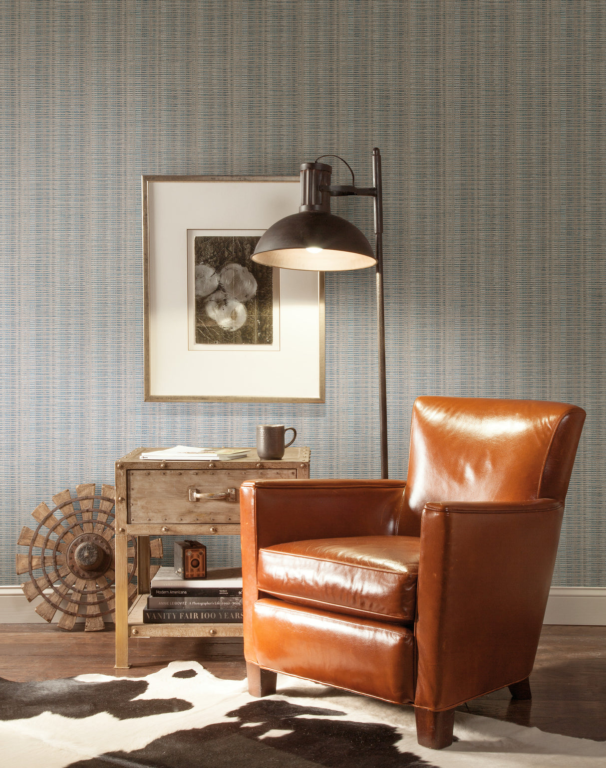 York SR1517 Broken Boucle Stripe Putty & Blue Wallpaper