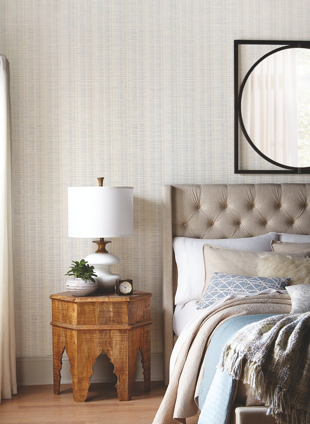 York SR1517 Broken Boucle Stripe Putty & Blue Wallpaper