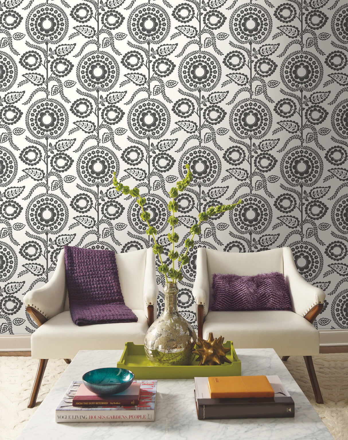 York SS2583 Pomegranate Bloom Black & White Wallpaper