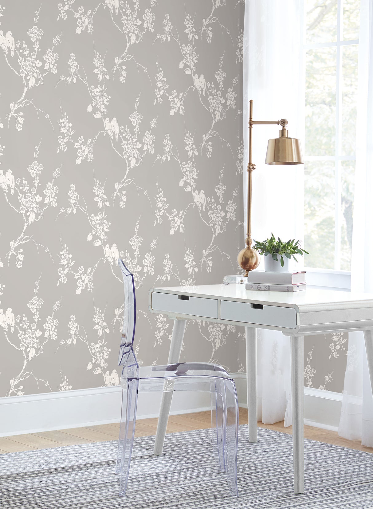 York SS2588 Imperial Blossoms Branch Grey & White Wallpaper
