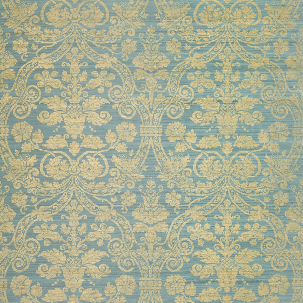 Thibaut T1006 CURTIS SILK DAMASK Blue on Metallic Gold Wallpaper