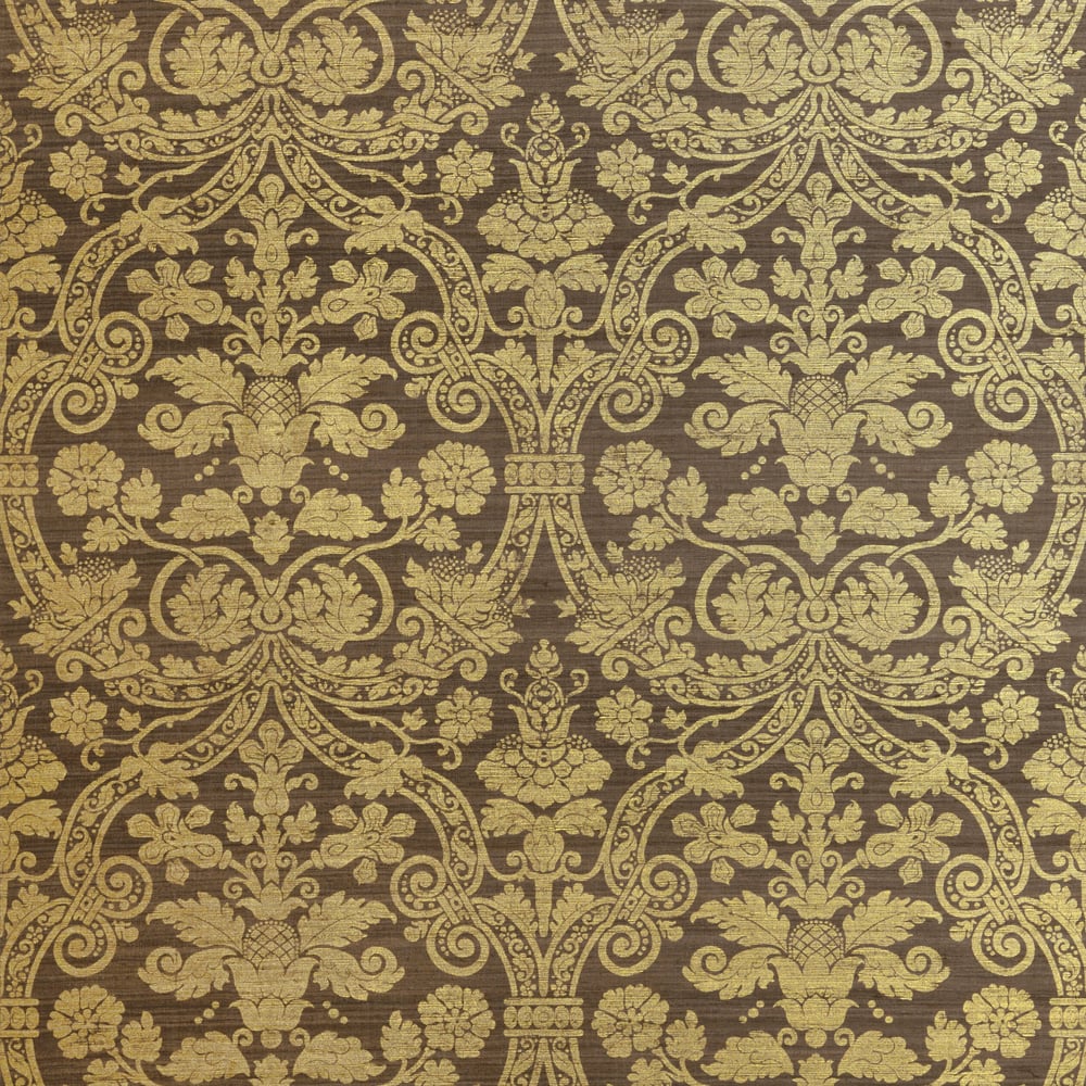 Thibaut T1007 CURTIS SILK DAMASK Metallic Gold on Brown Wallpaper