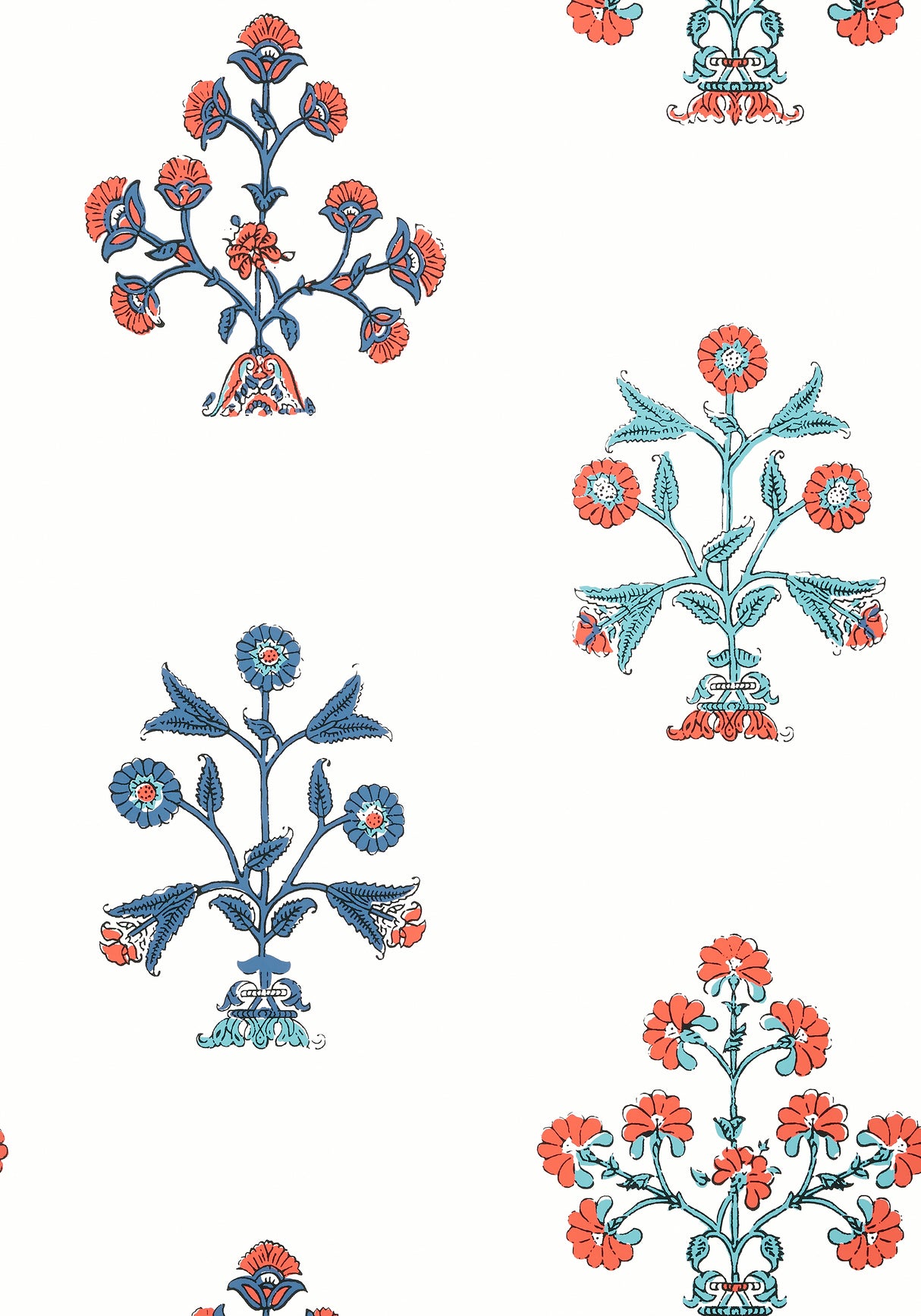 Thibaut T10669 INDIAN FLOWER Coral and Blue Wallpaper