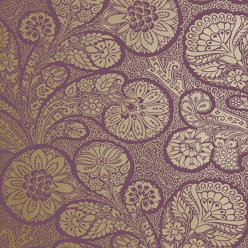 Thibaut T13062 TROUBADOUR Metallic Gold on Plum Wallpaper