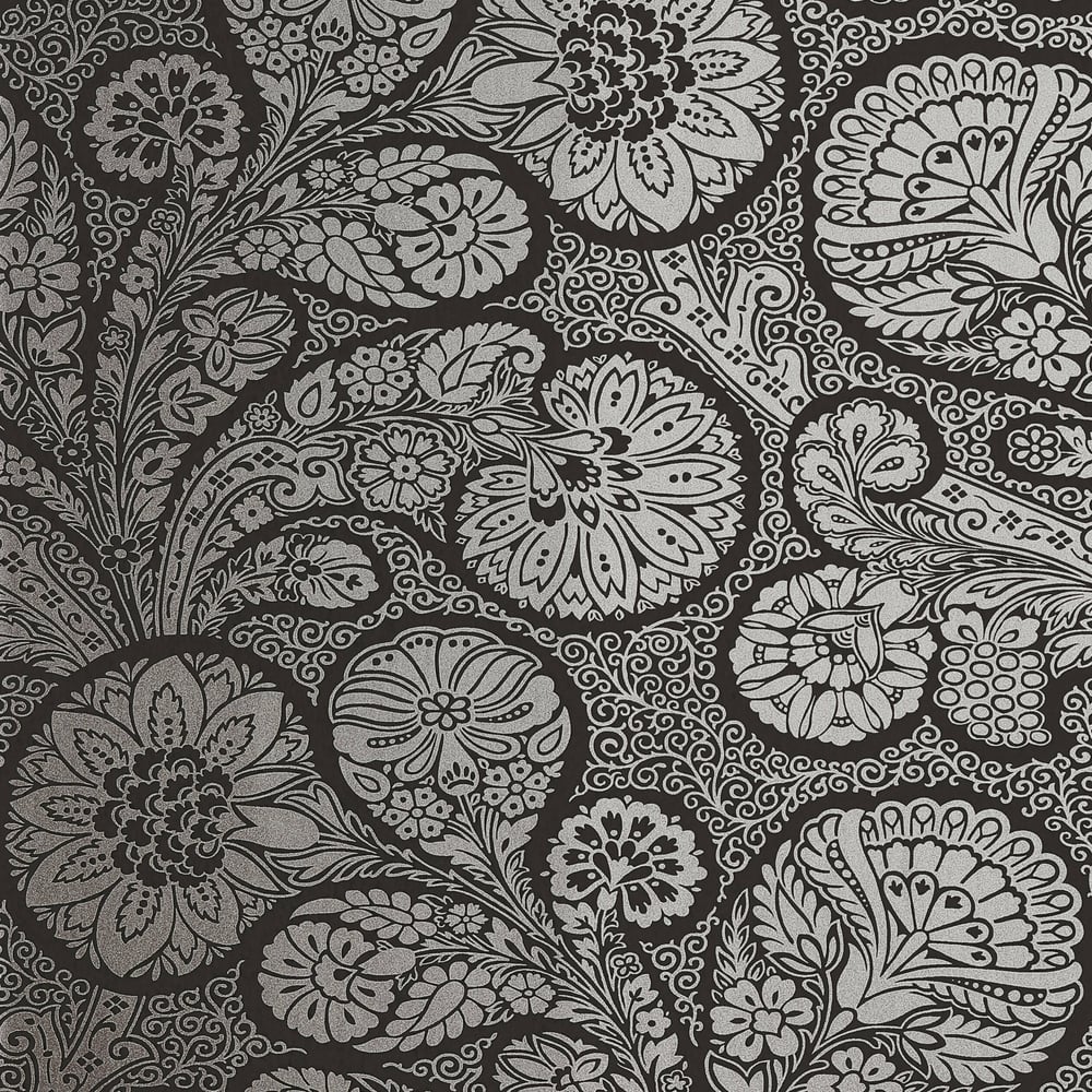 Thibaut T13063 TROUBADOUR Metallic Silver on Black Wallpaper