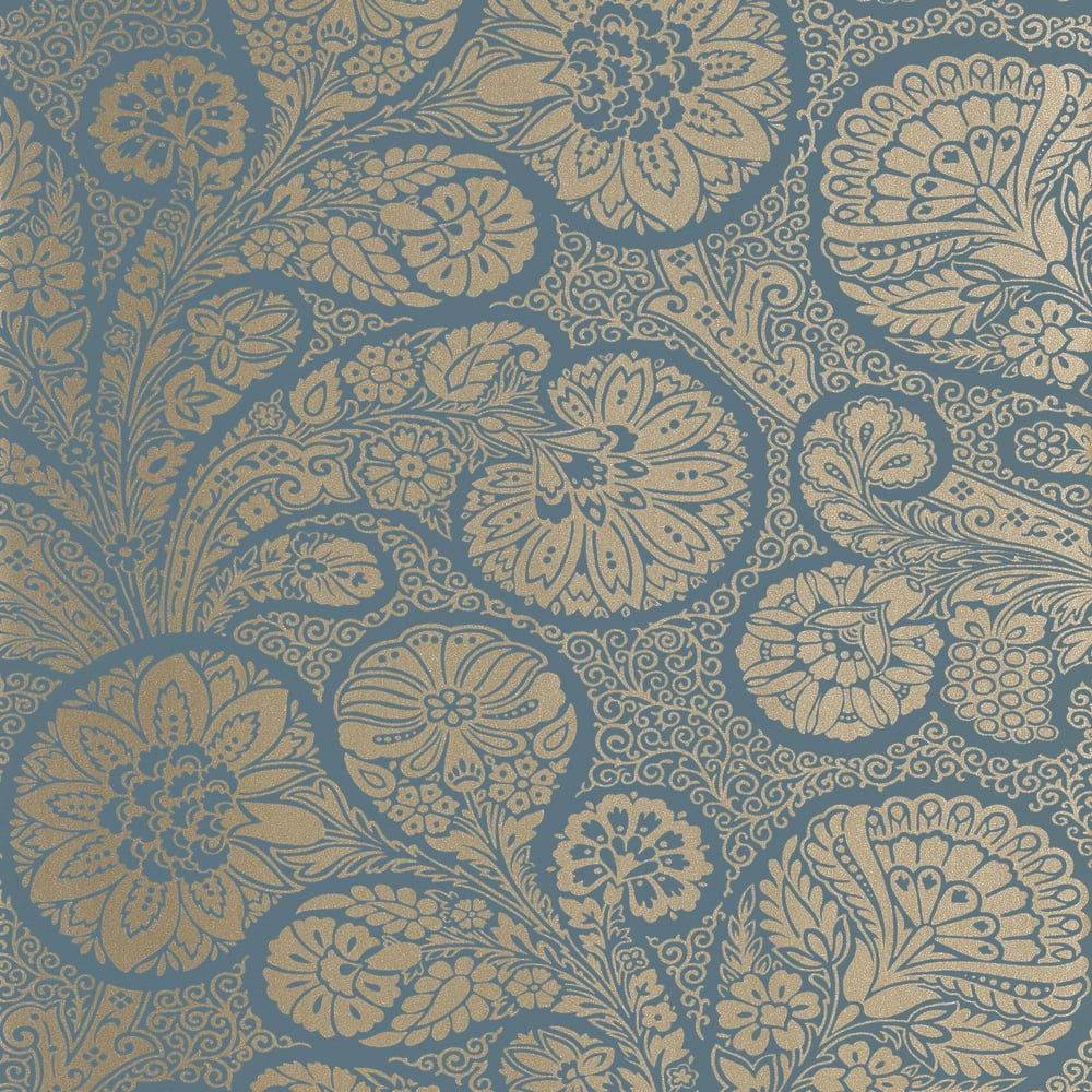 Thibaut T13065 TROUBADOUR Metallic on Peacock Blue Wallpaper