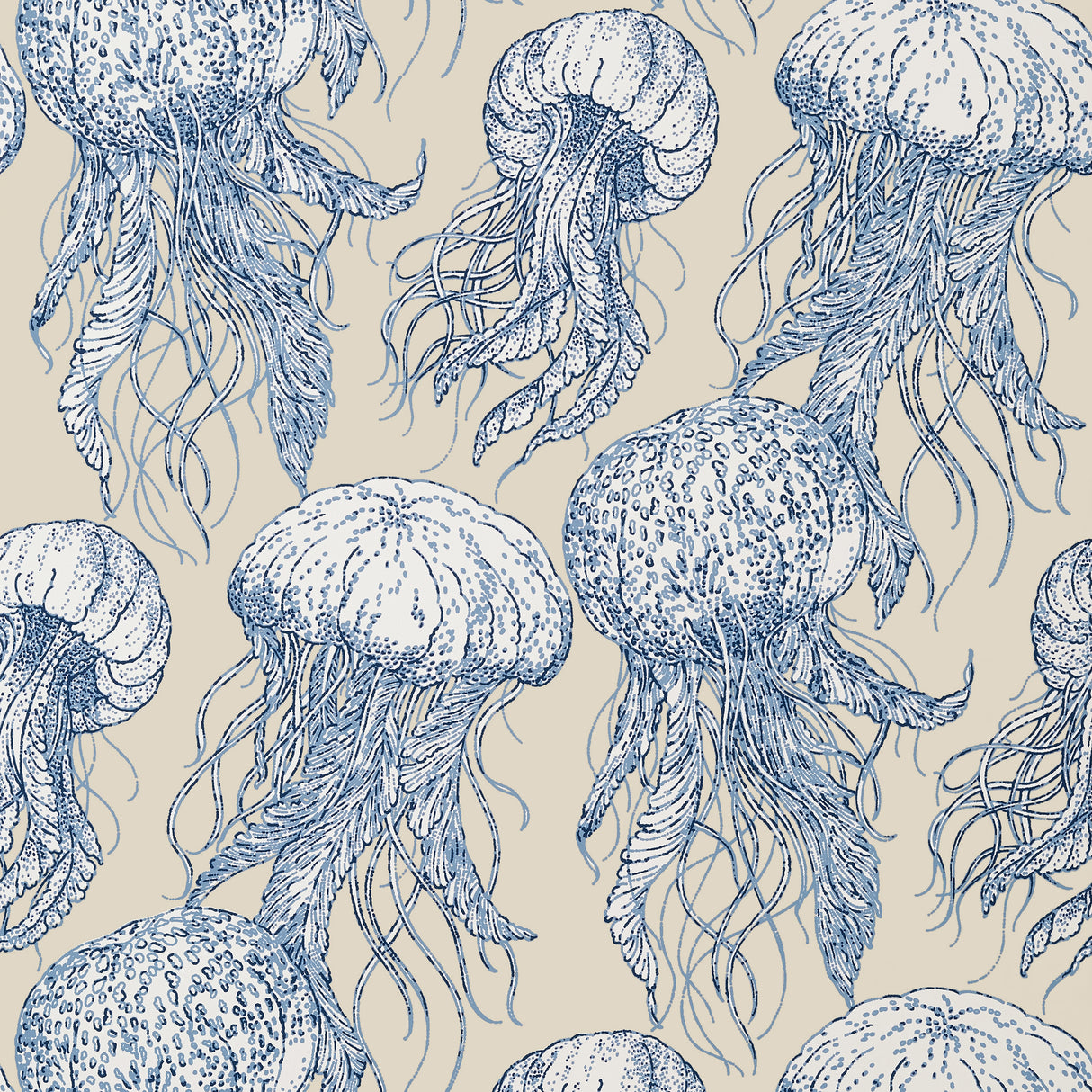 Thibaut T13168 JELLY FISH BLOOM Blue and Beige Wallpaper