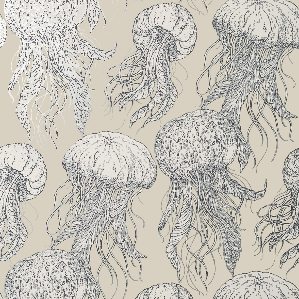 Thibaut T13169 JELLY FISH BLOOM Silver on Beige Wallpaper
