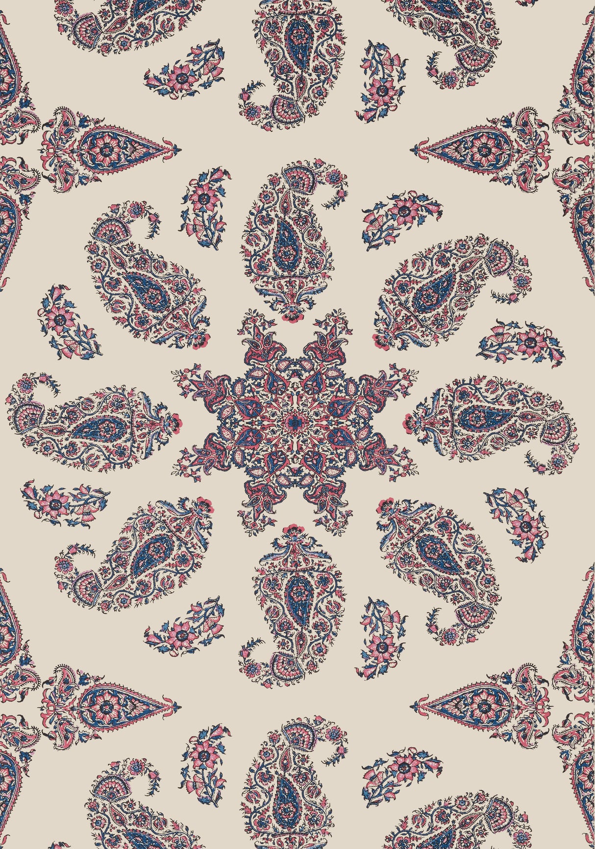 Thibaut T36430 EAST INDIA Raspberry and Blue on Natural Wallpaper