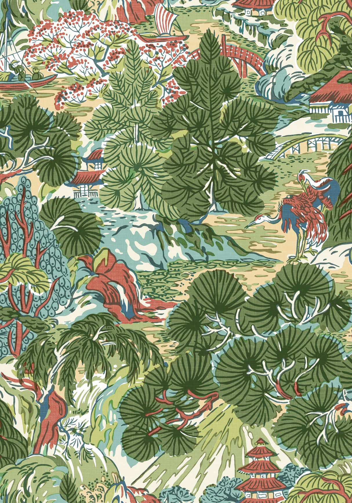 Thibaut T42022 PAGODA TREES Coral and Green Wallpaper