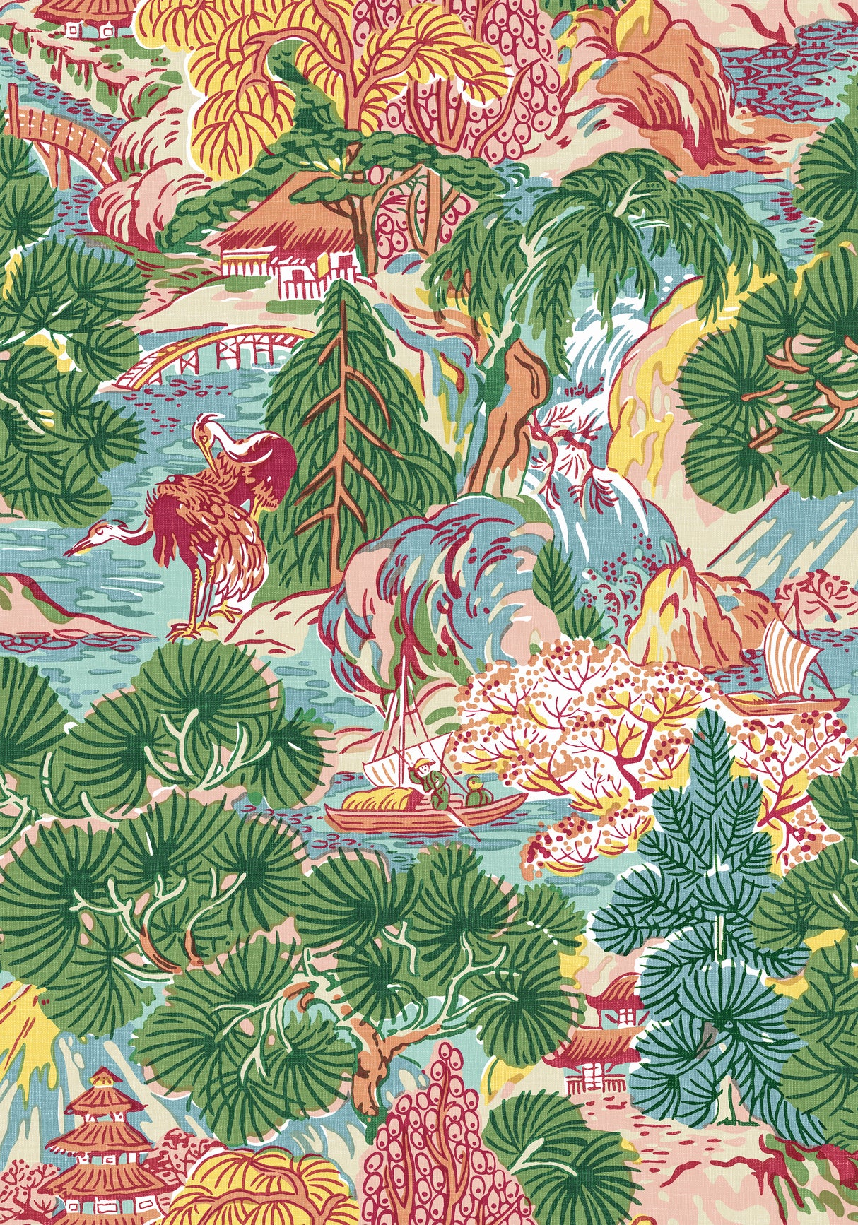 Thibaut T42026 PAGODA TREES Pink and Green Wallpaper