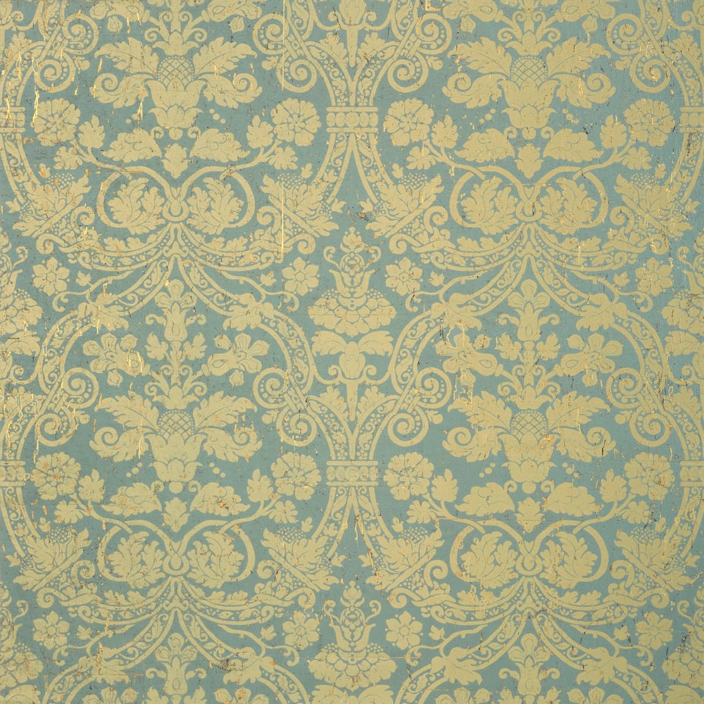Thibaut T89115 CURTIS DAMASK Metallic Gold on Aqua Wallpaper