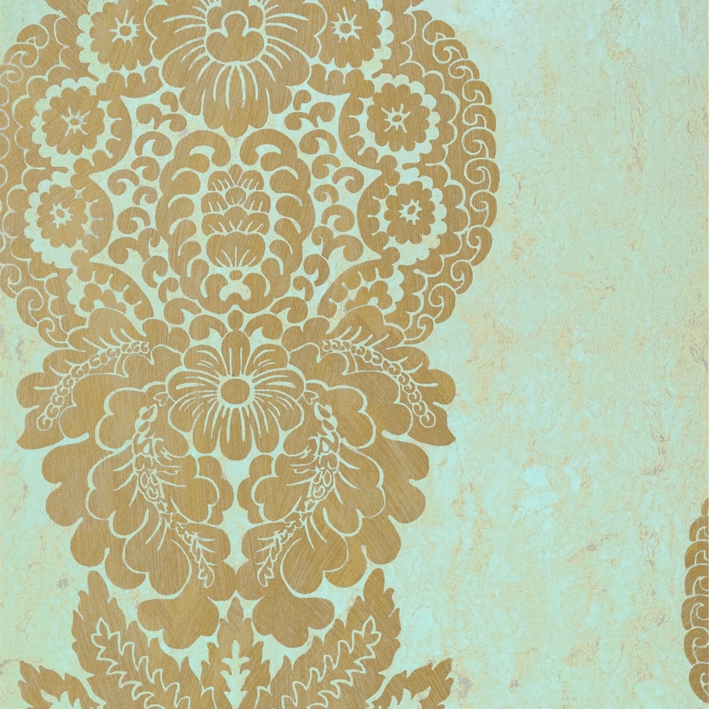 Thibaut T89130 ROWAN DAMASK Metallic Gold on Aqua Wallpaper