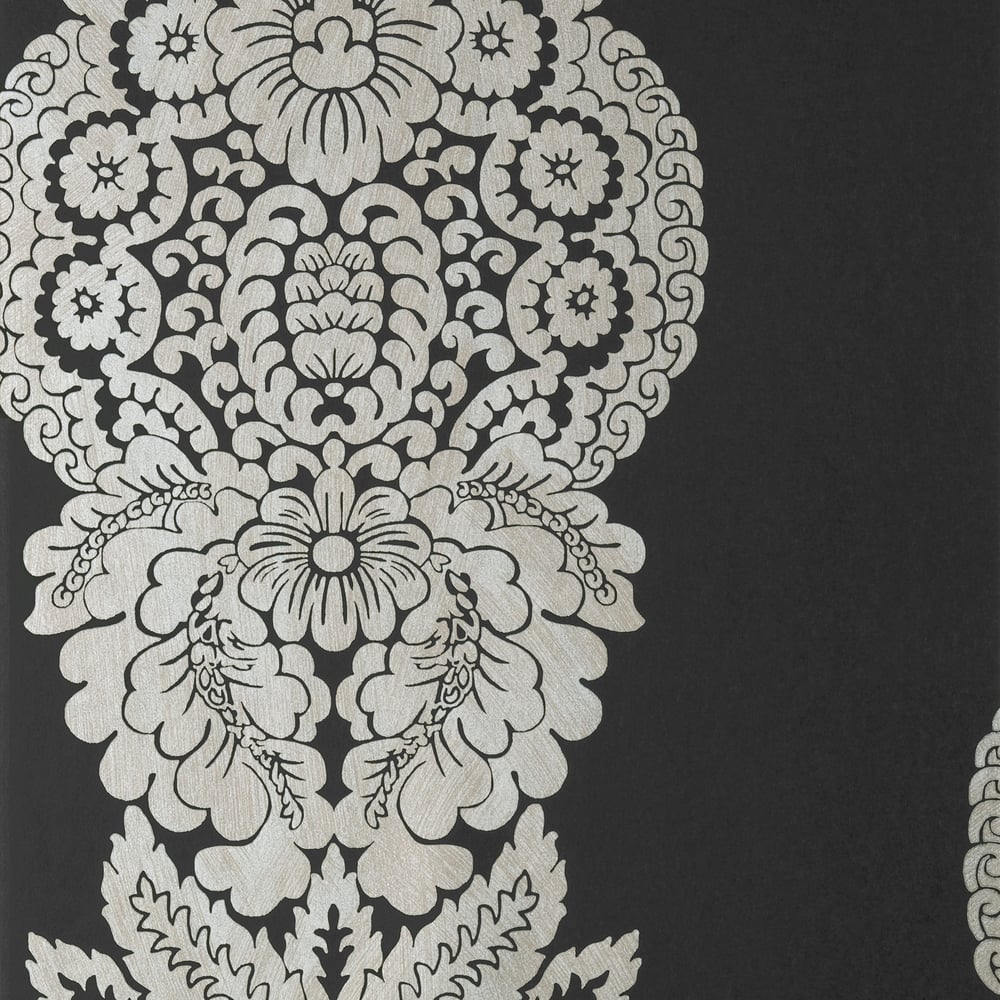 Thibaut T89132 ROWAN DAMASK Metallic Silver on Black Wallpaper