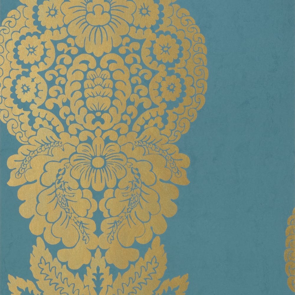 Thibaut T89133 ROWAN DAMASK Metallic Gold on Peacock Wallpaper