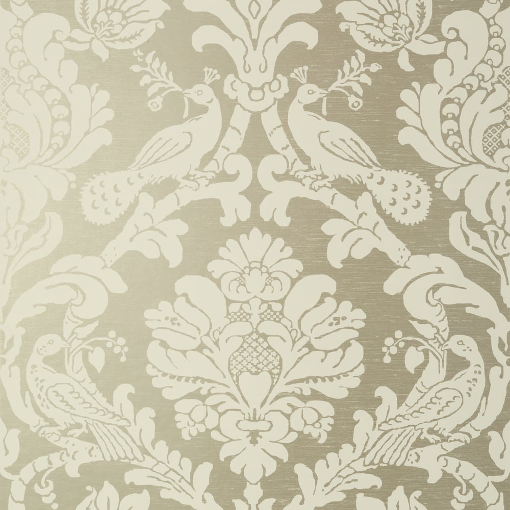 Thibaut T89136 PASSARO DAMASK Cream on Metallic Pewter Wallpaper
