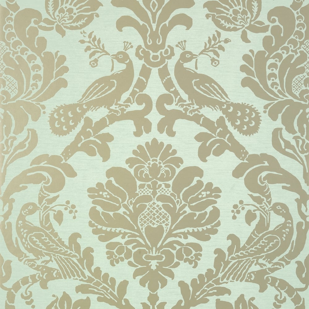 Thibaut T89137 PASSARO DAMASK Metallic Pewter on Seafoam Wallpaper