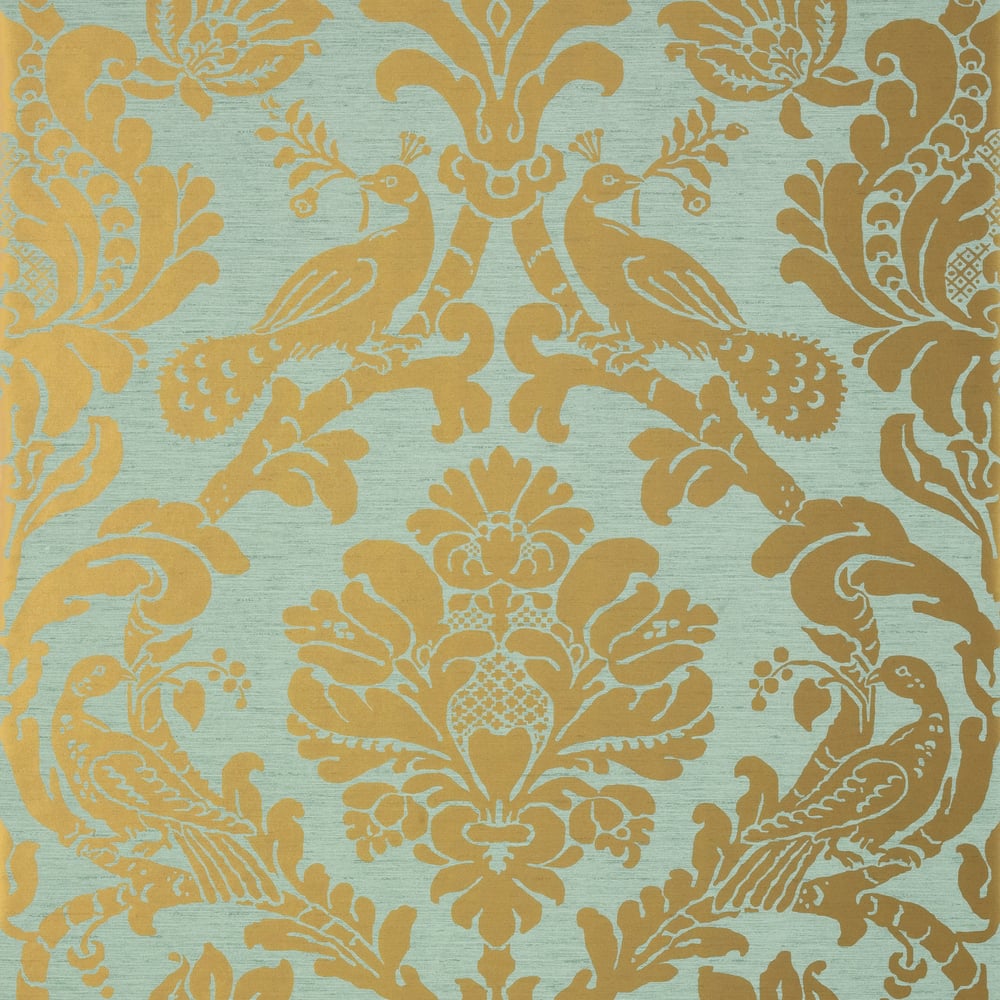 Thibaut T89141 PASSARO DAMASK Metallic Gold on Aqua Wallpaper