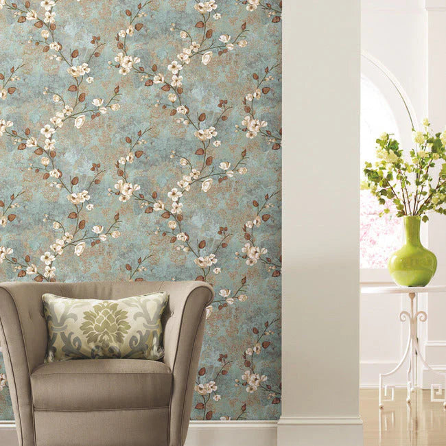 York TB4314 Dogwood Teal & Dark Brown Wallpaper