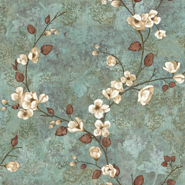 York TB4314 Dogwood Teal & Dark Brown Wallpaper