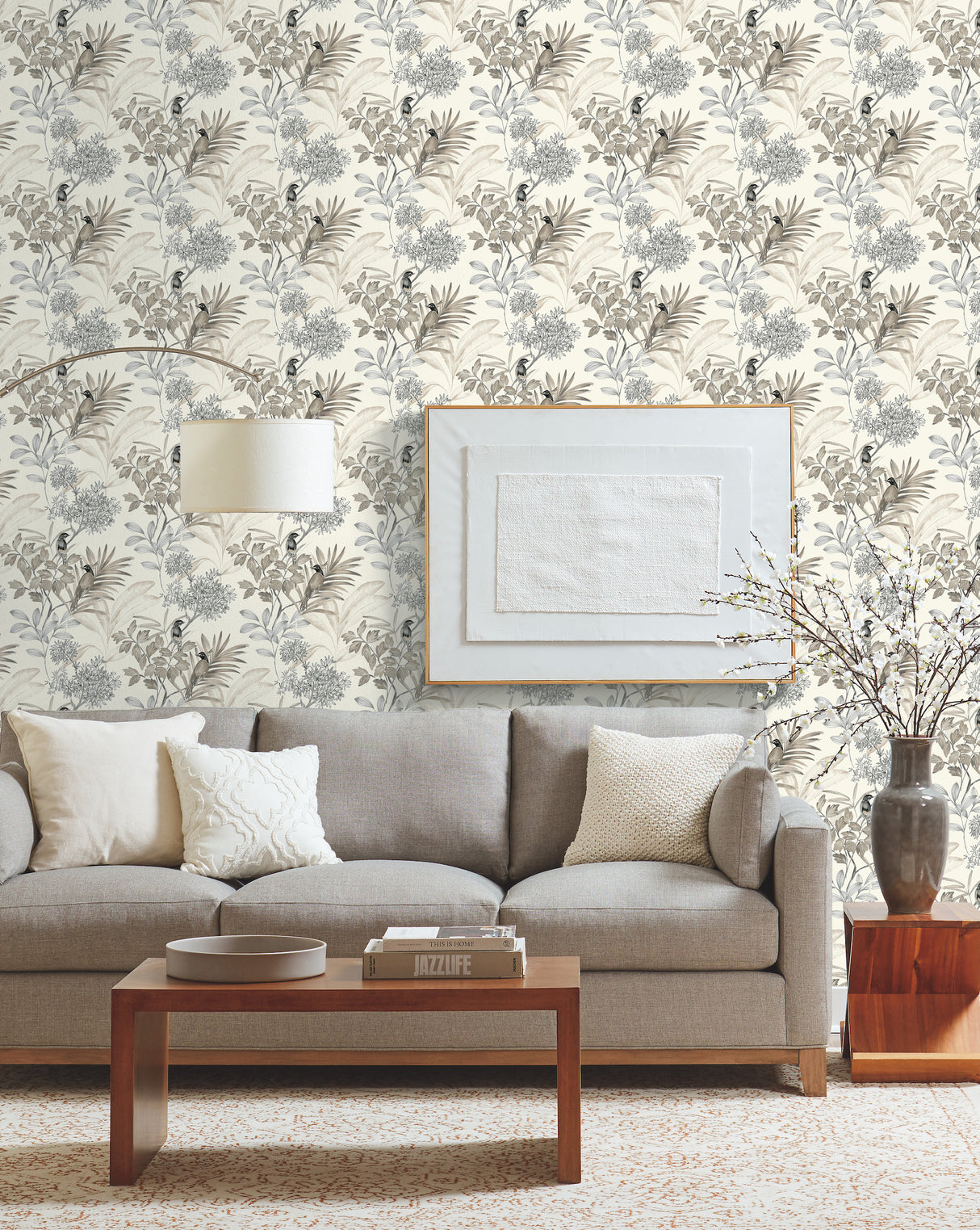 York TL1927 Handpainted Songbird Grey Wallpaper