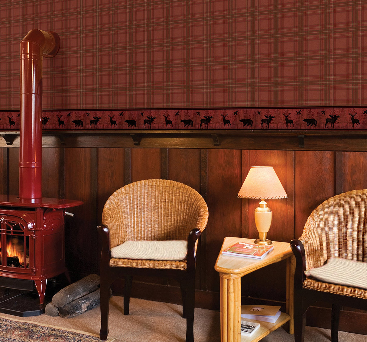 Chesapeake TLL01412 Fox Hollow Dark Red Plaid Wallpaper