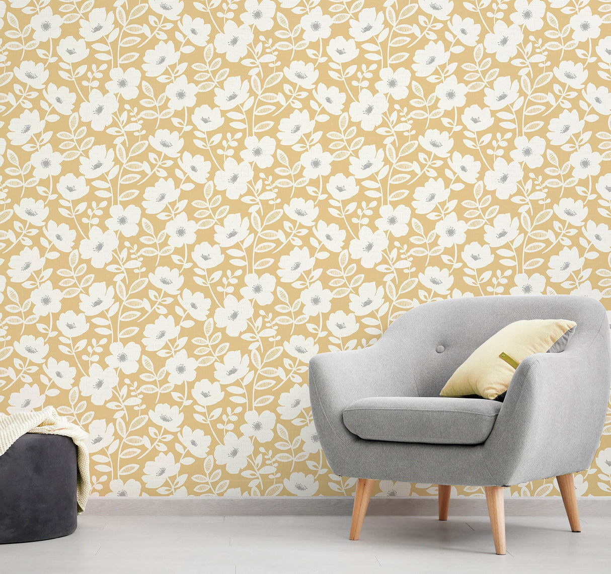 Brewster UW24774 Bergman Mustard Scandi Flower Wallpaper