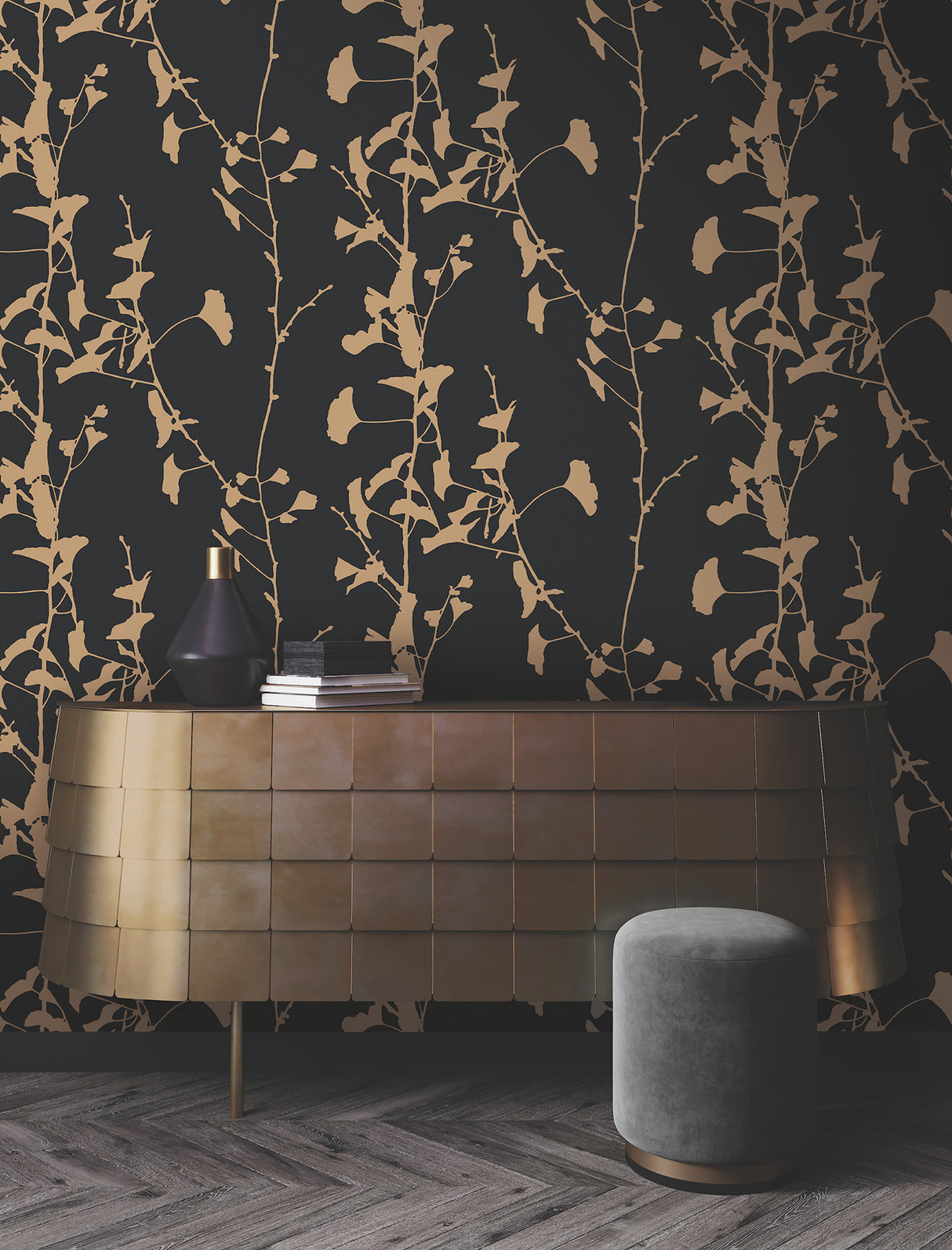 Ronald Redding VR1512 Ginkgo Silhouette Black & Gold Cork Wallpaper