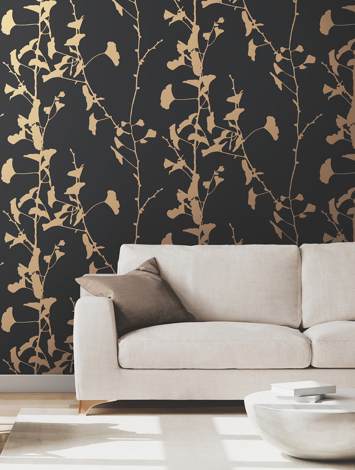 Ronald Redding VR1512 Ginkgo Silhouette Black & Gold Cork Wallpaper