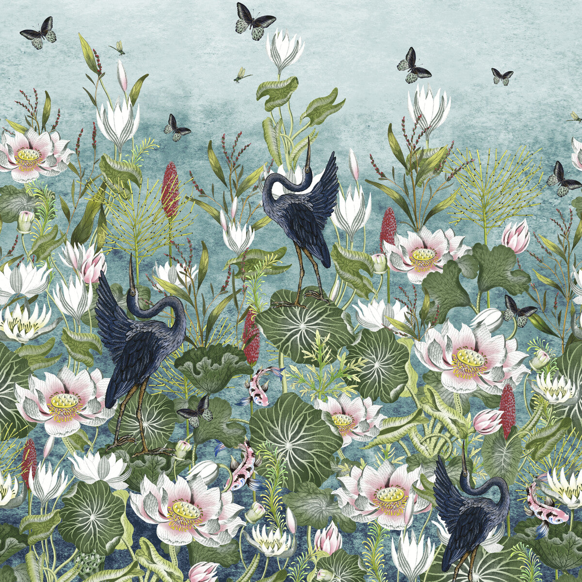 CLARKE AND CLARKE W0138/01.CAC.0 WATERLILY BANNER WP MARINE Wallpaper - Eade's Wallpaper