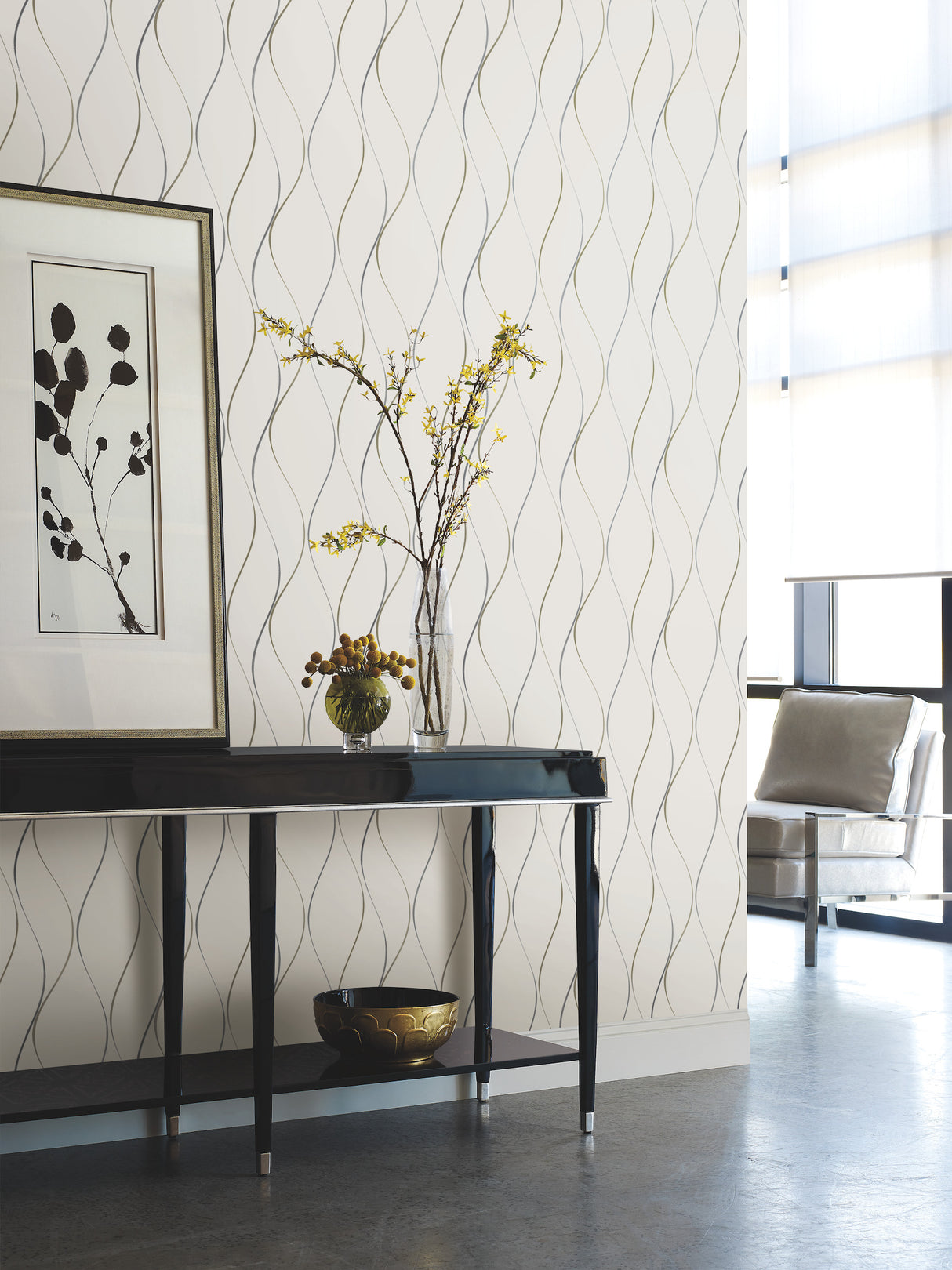 York Y6201401 Wavy Stripe Off White & Silver Metallic Wallpaper