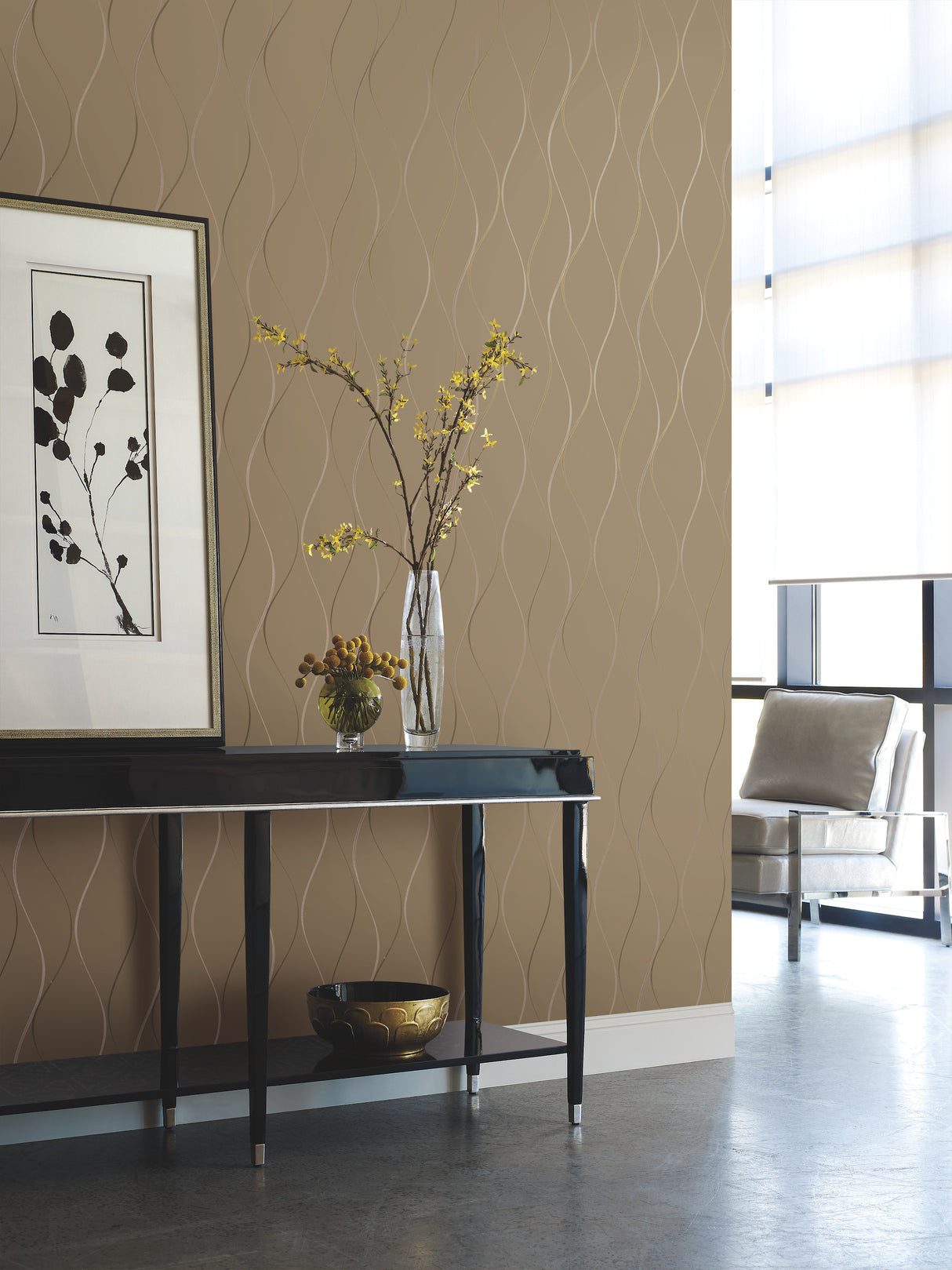 York Y6201406 Wavy Stripe Tan Metallic Wallpaper
