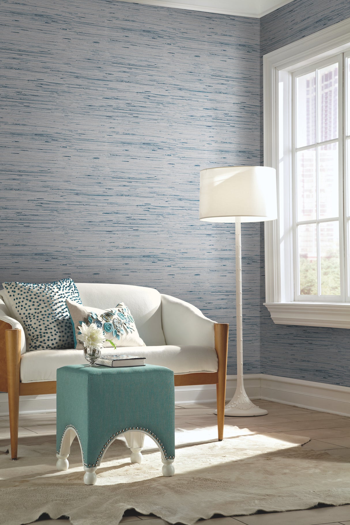 York Y6201603 Lustrous Grasscloth Blue & Gold Wallpaper