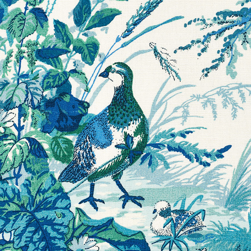 Schumacher Quail Meadow Peacock Fabric - Eade's Wallpaper