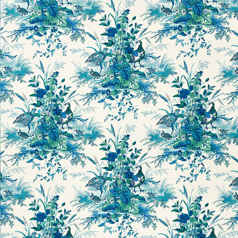 Schumacher Quail Meadow Peacock Fabric - Eade's Wallpaper