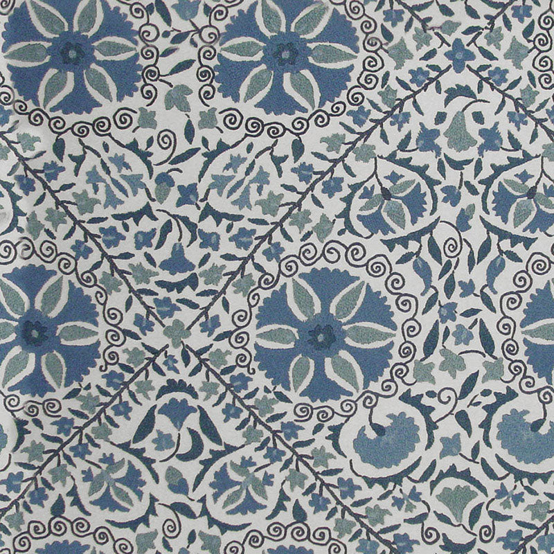 Schumacher Madura Floral Stitchery Indigo & Ivory Fabric - Eade's Wallpaper