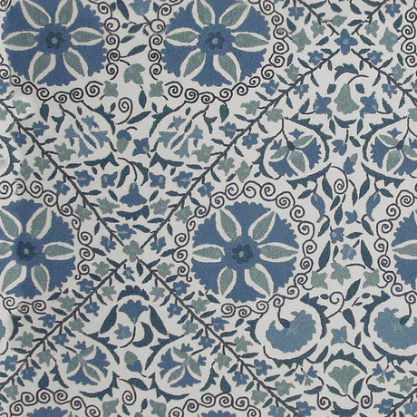 Schumacher Madura Floral Stitchery Indigo & Ivory Fabric - Eade's Wallpaper