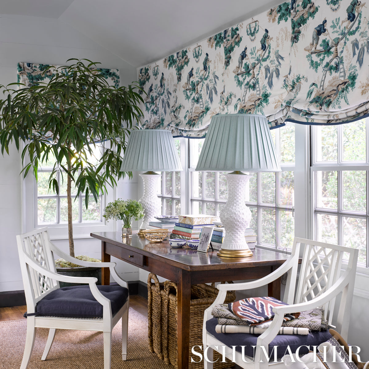 Schumacher Plaisirs De La Chine Emerald & Peacock Fabric - Eade's Wallpaper