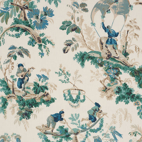Schumacher Plaisirs De La Chine Emerald & Peacock Fabric - Eade's Wallpaper