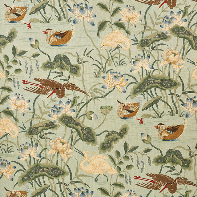 Schumacher Lotus Garden Aqua Fabric - Eade's Wallpaper