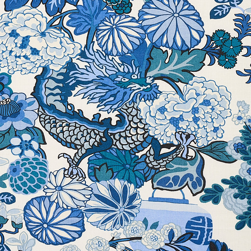 Schumacher 173272 CHIANG MAI DRAGON in CHINA BLUE Fabric - E