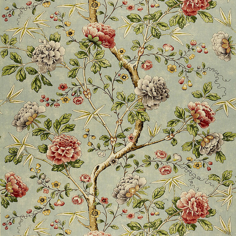 Schumacher Mandarin Peony Aquamarine Fabric - Eade's Wallpaper