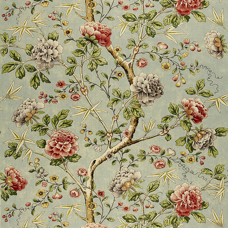Schumacher Mandarin Peony Aquamarine Fabric - Eade's Wallpaper